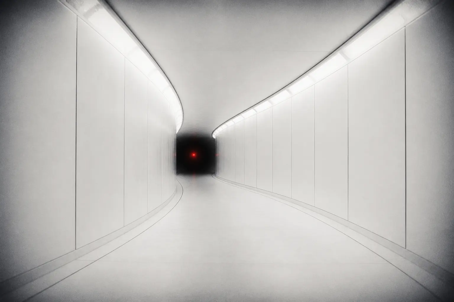 Original artwork of a stark white curved corridor receding into a single point of red light on black.