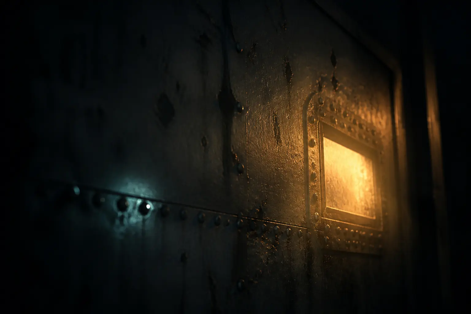 Original artwork of a dark industrial door with a small illuminated inspection panel casting amber light on scuffed metal.