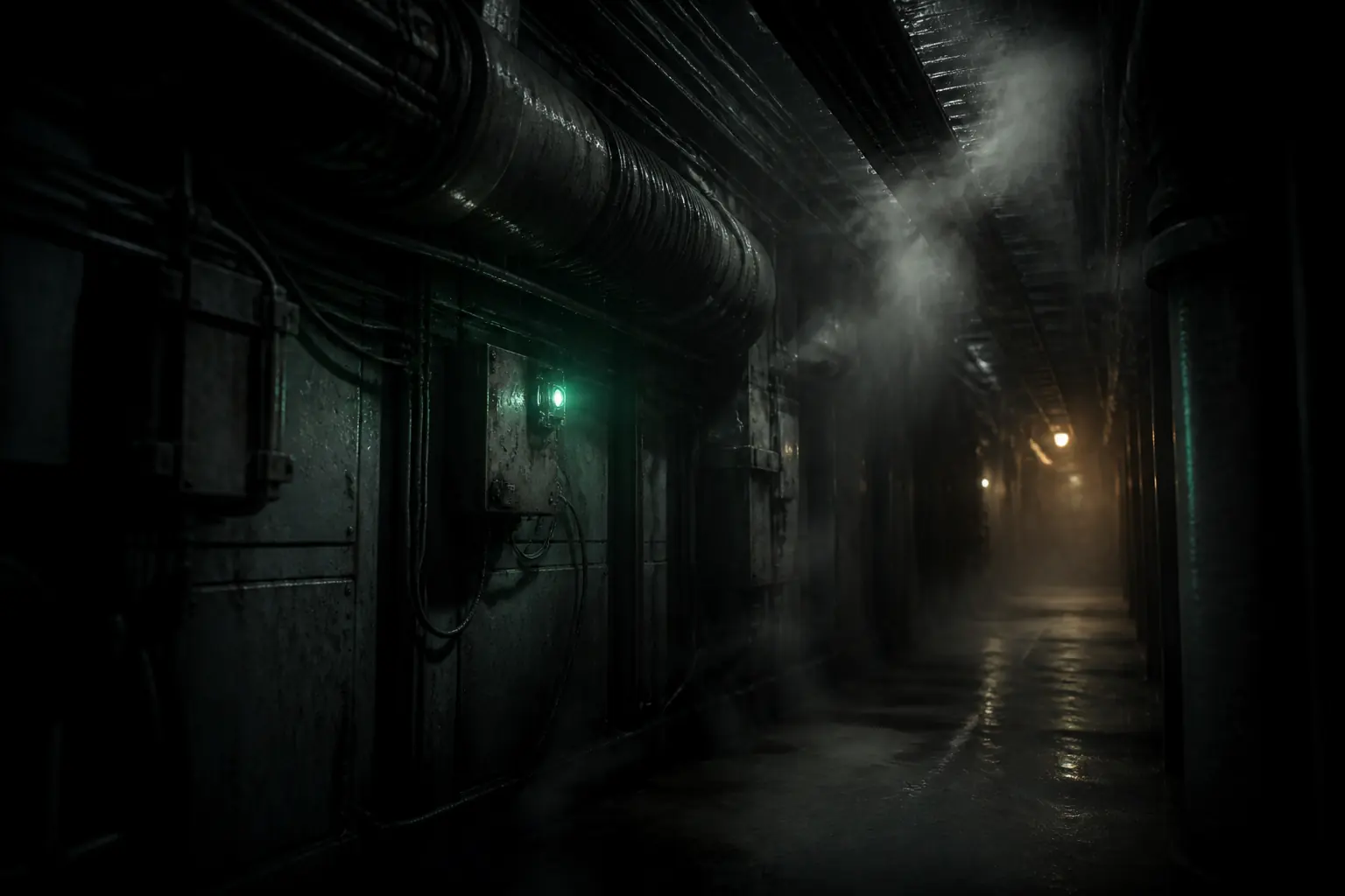 Original artwork of a dim industrial corridor with exposed conduits and a single green status light in cold shadow.
