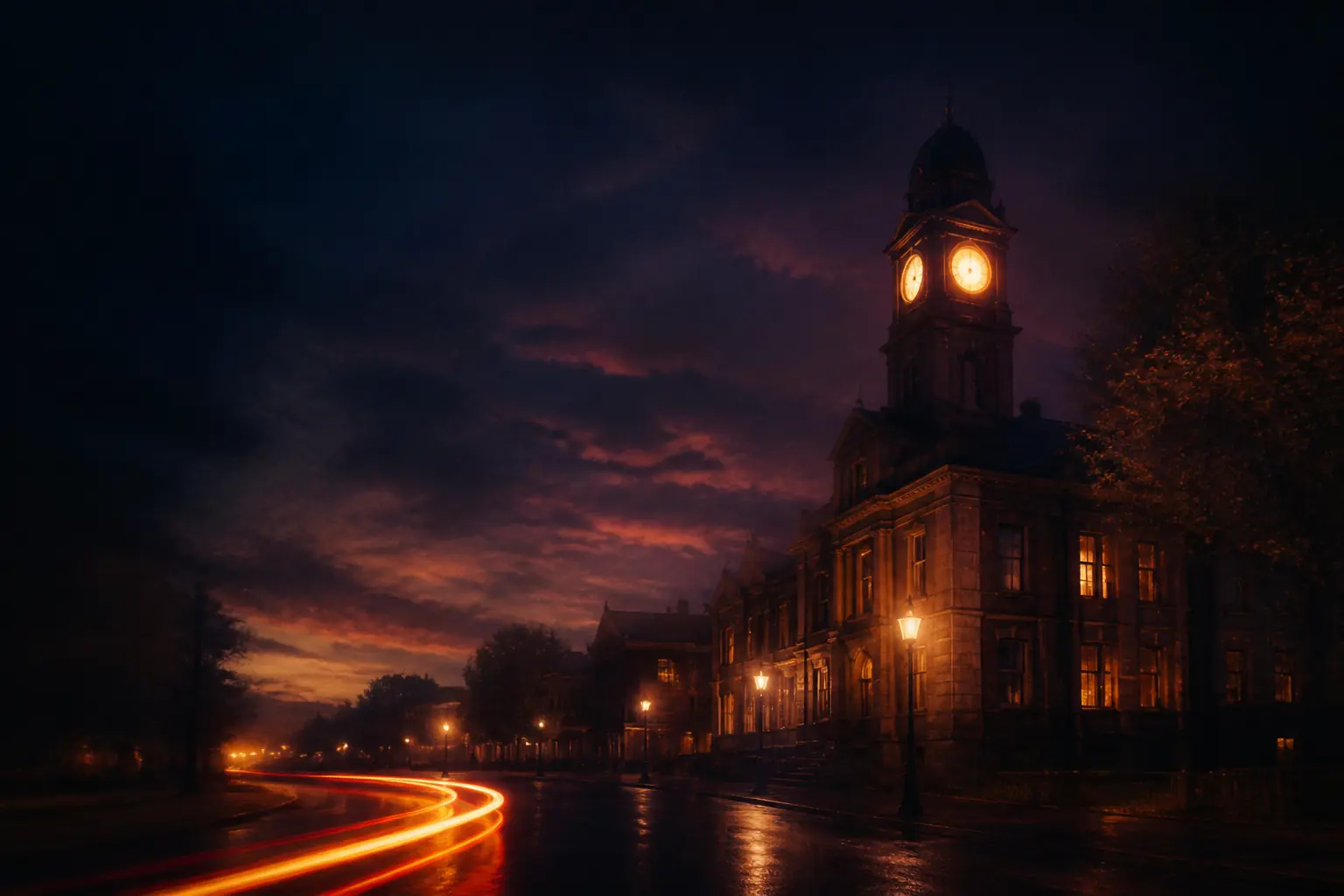 Original artwork of a small-town clock tower at dusk with warm light and two long streaks of light curving away from it.