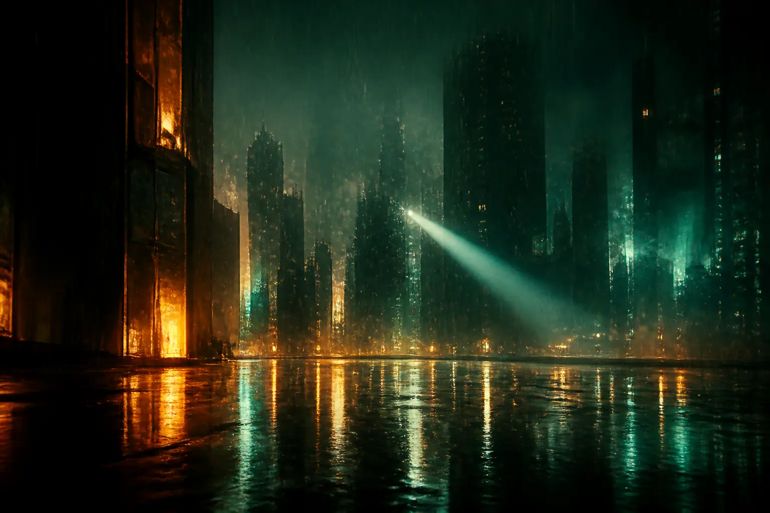 Original artwork of rain-slicked neon reflections in deep teal and amber over a dark vertical cityscape.