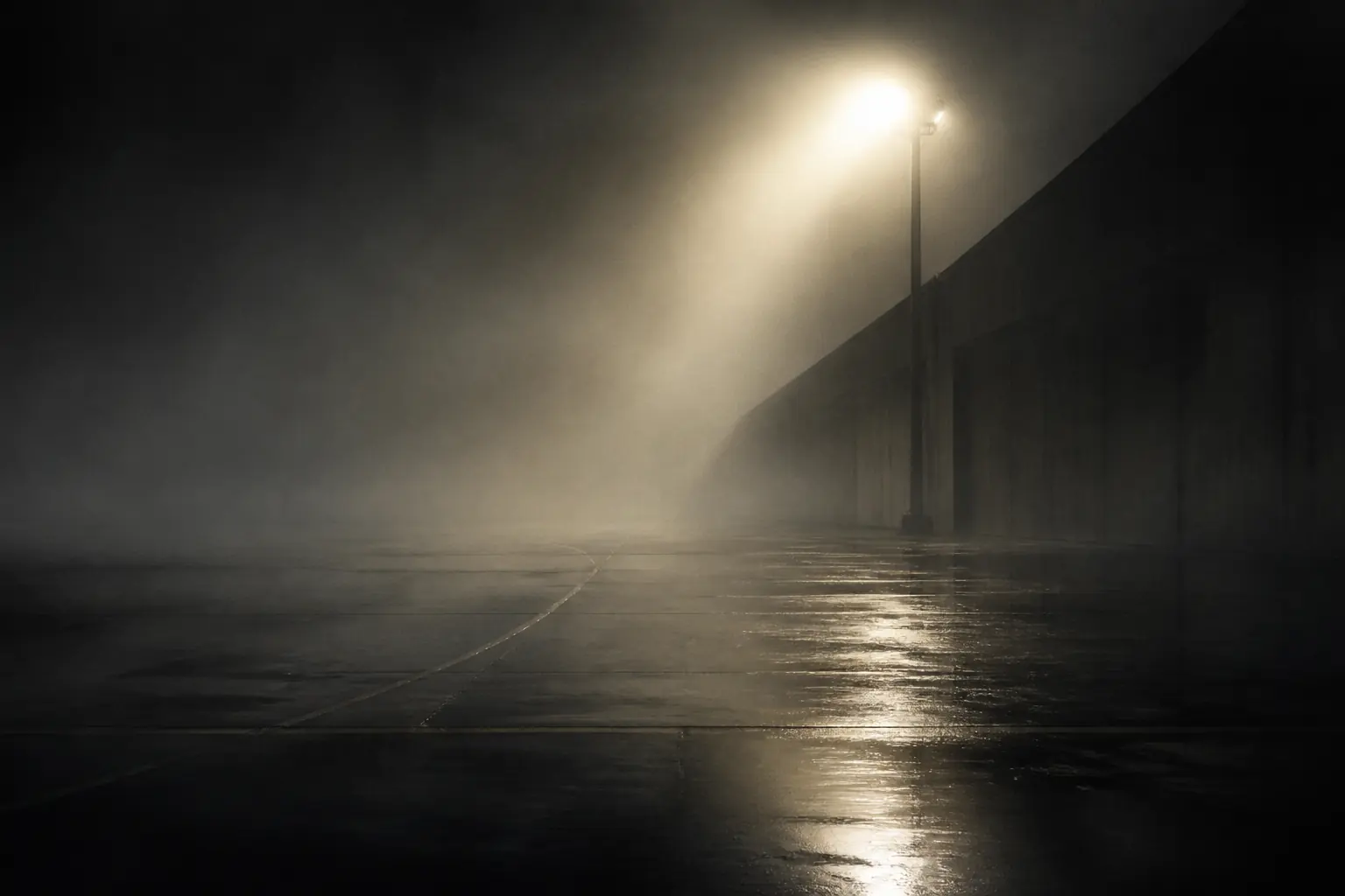 Original artwork of an airfield at night in soft grays, with fog, a hangar light, and long shadows on wet tarmac.