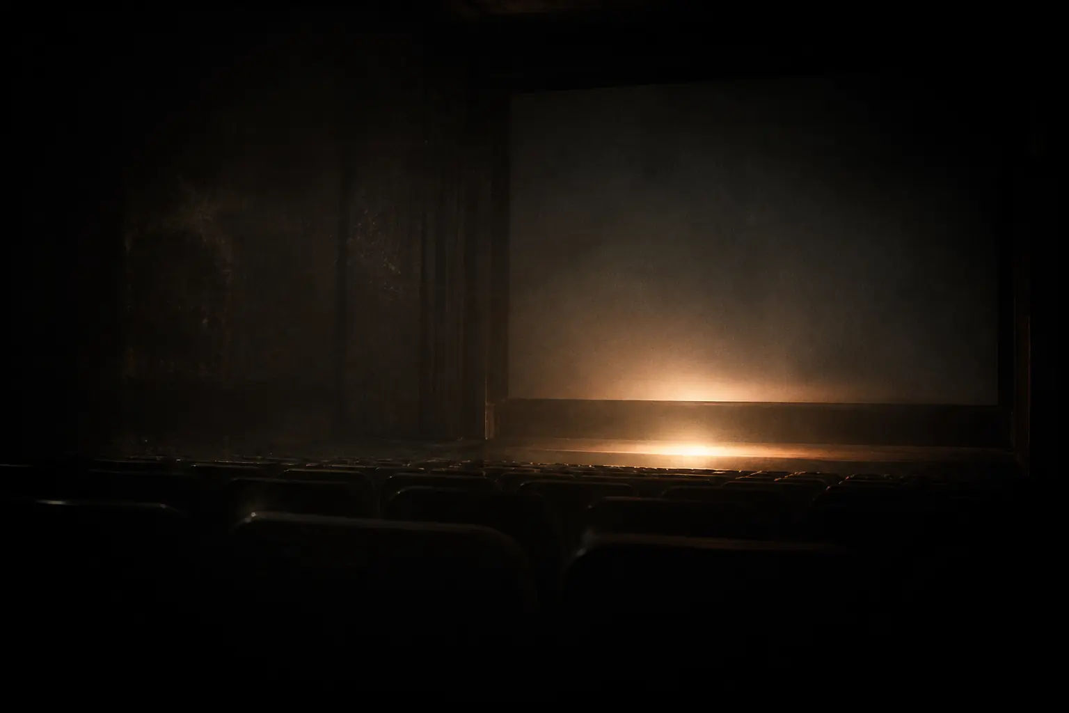 Original artwork of a dark empty auditorium screen glowing faintly with a single warm reflection.