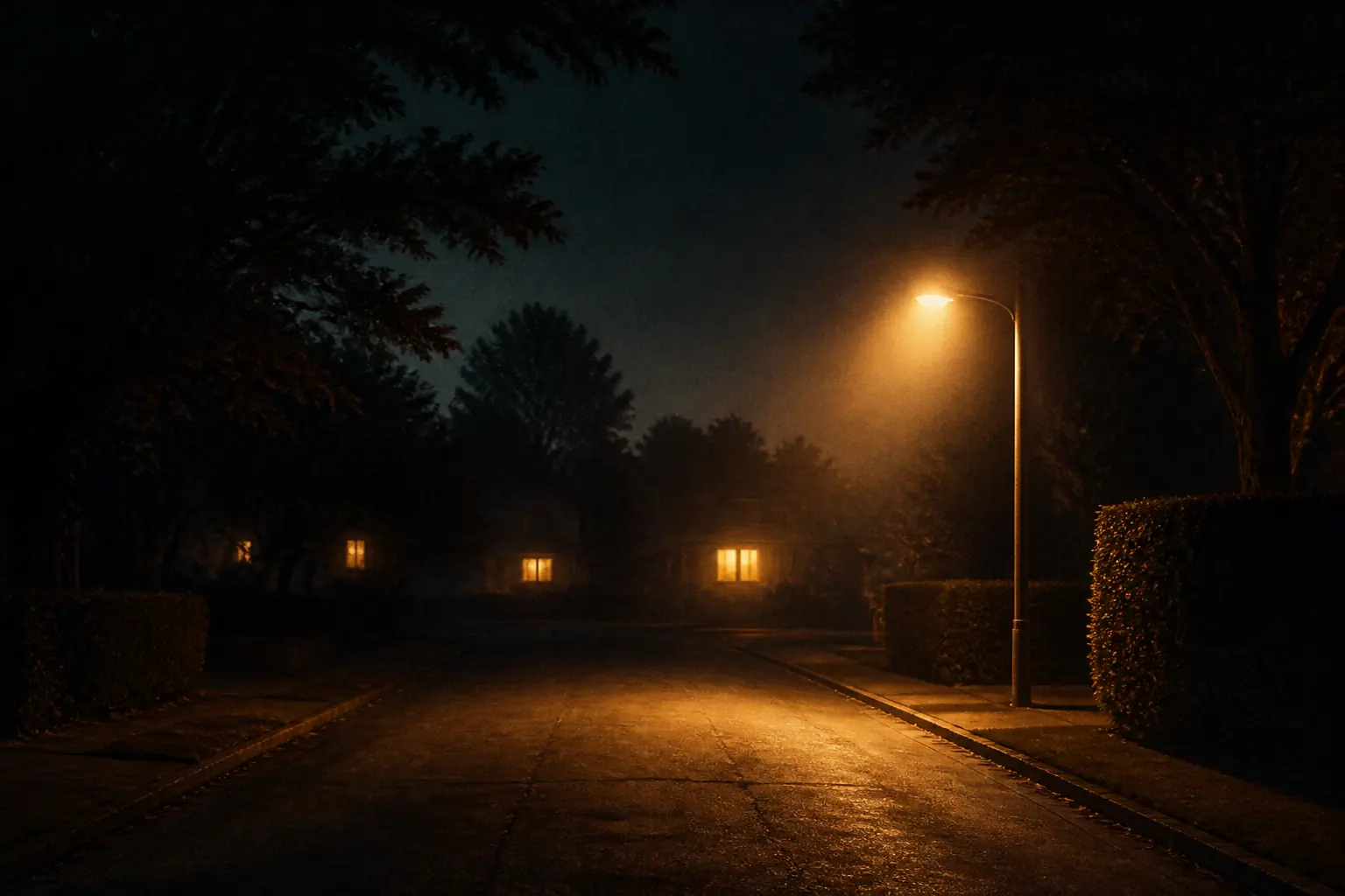 Original artwork of a quiet suburban street at night, lit by one streetlamp with warm windows glowing behind dark hedges.