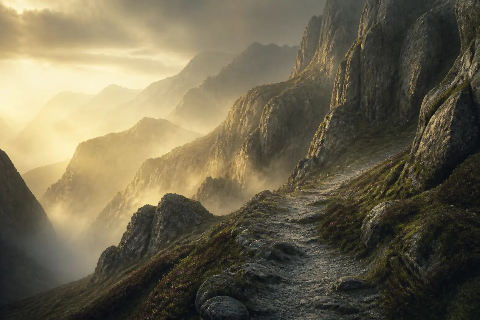 Original artwork of a misty mountain pass at dawn in muted green and gold, with a narrow path winding between rock faces.