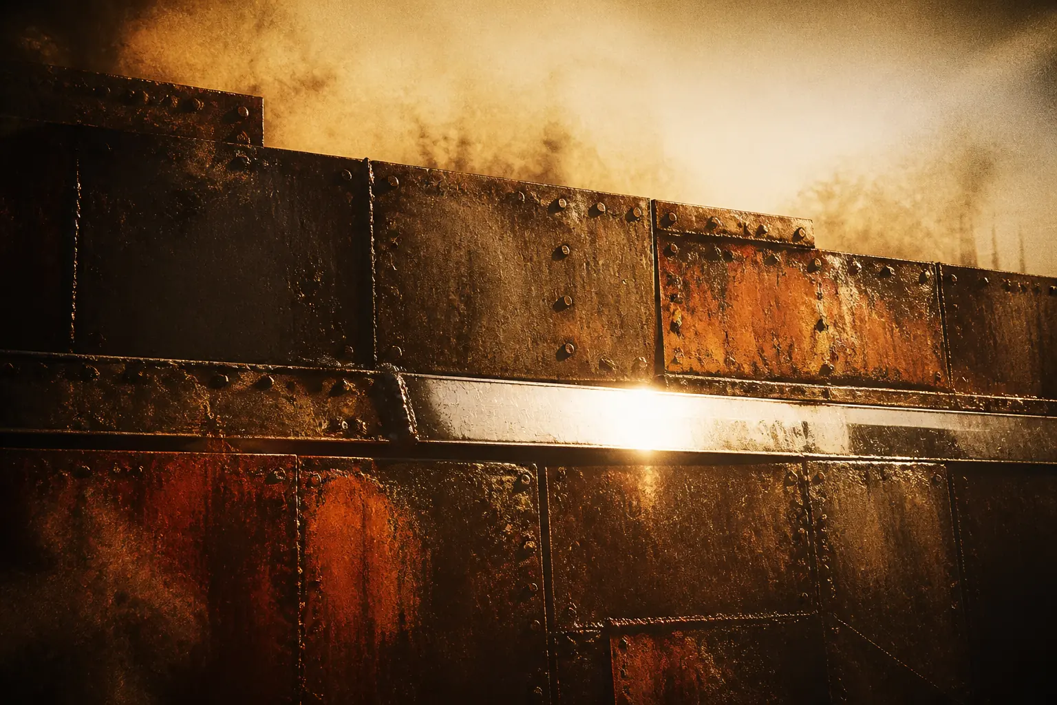 Original artwork of chromed metal and welded steel catching hard sunlight against a haze of ochre desert dust.