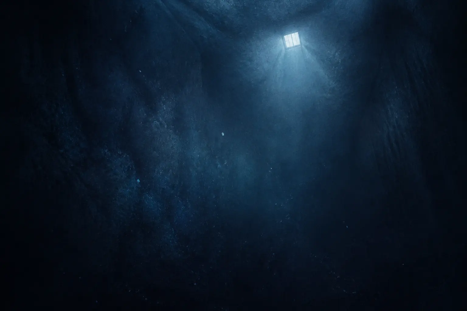 Original artwork of a dark room dissolving into deep blue water, with a single distant rectangle of light.