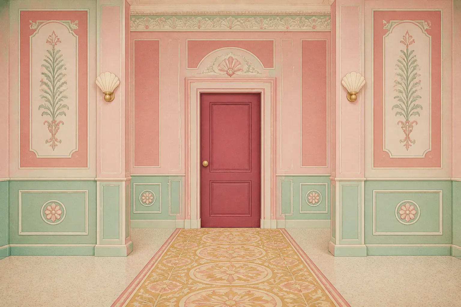 Original artwork of a perfectly symmetrical corridor in flat pastel pink and dusty rose, with a single centred doorway.