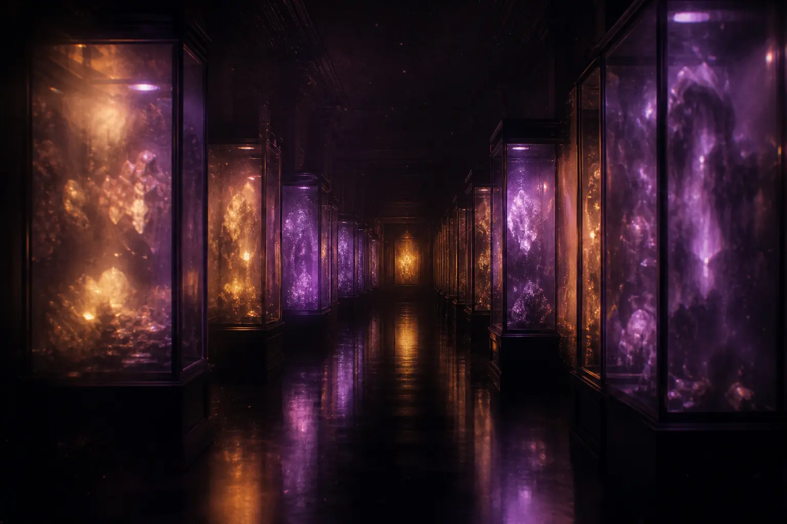 Original artwork of a dim collector’s gallery with rows of illuminated specimen cases in violet and amber.