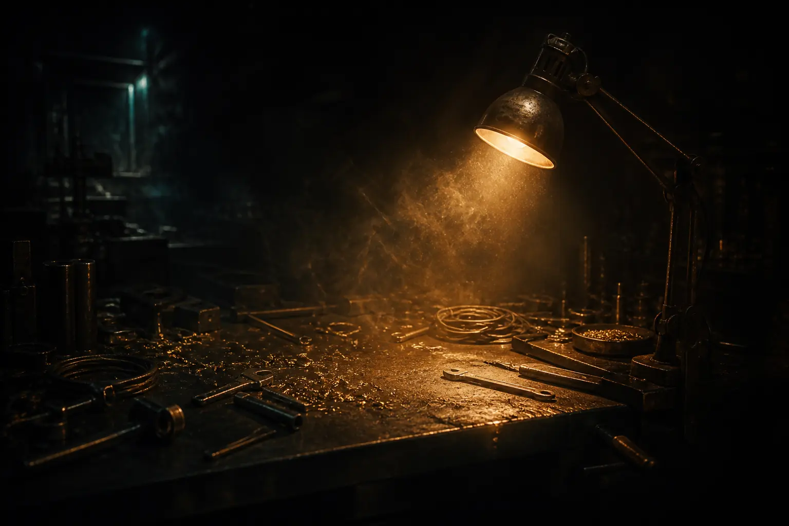 Original artwork of a dark workshop lit by a single amber work lamp, with hand tools scattered across a scarred steel bench.