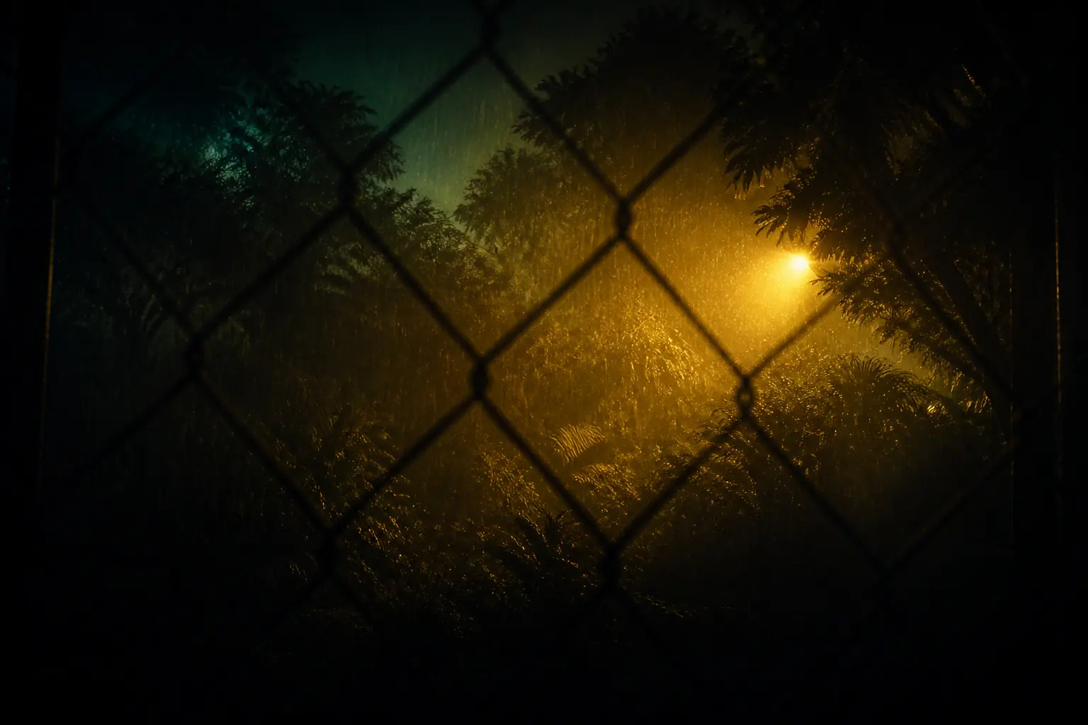 Original artwork of humid jungle silhouettes behind a chain-link perimeter fence, lit by a single amber floodlight.