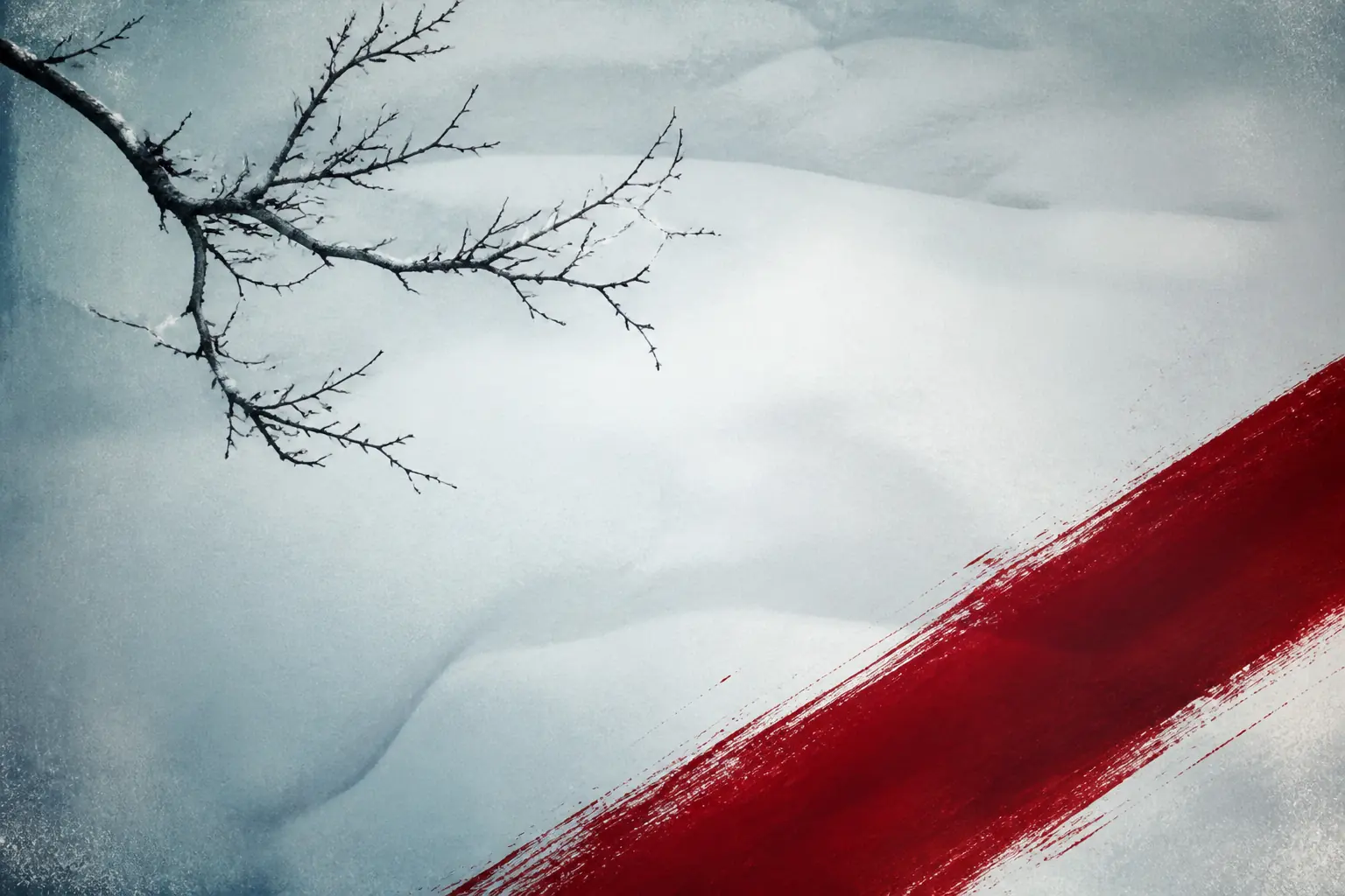 Original artwork of a stylized snow garden in high contrast, with a single red stroke across a pale blue field.