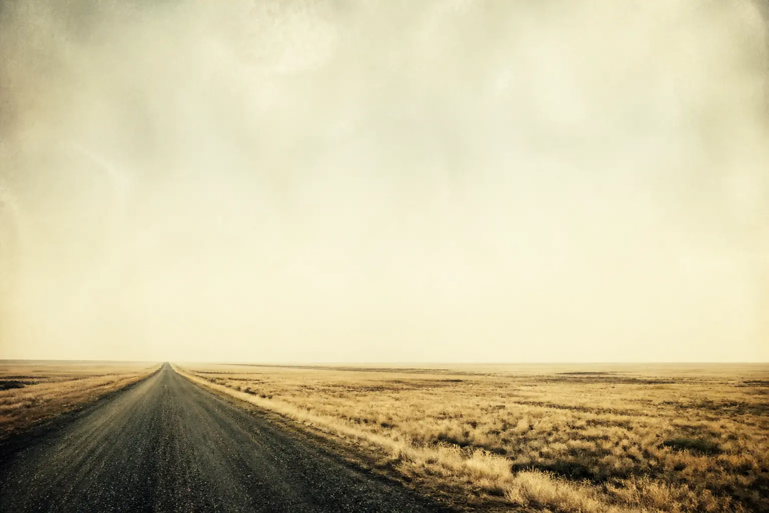 Original artwork of an empty gravel road running to a flat horizon under a wide pale sky, with dust hanging in the air.