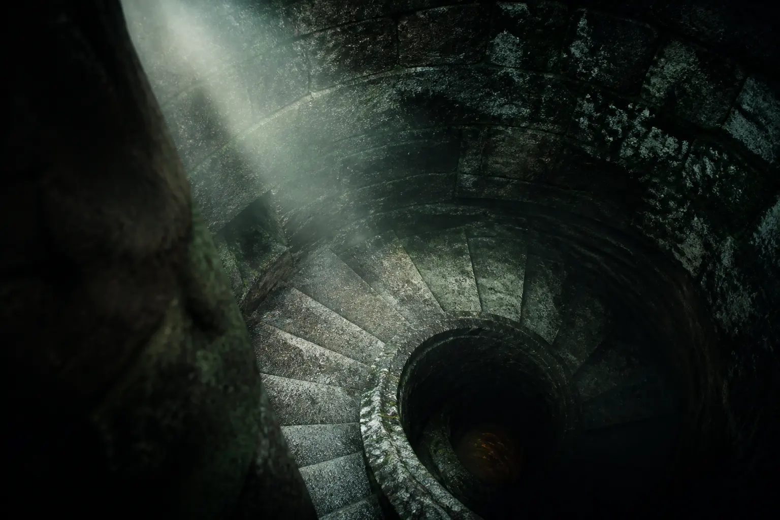 Original artwork of a stone spiral stairway descending into deep green shadow, lit by a single shaft of pale light.