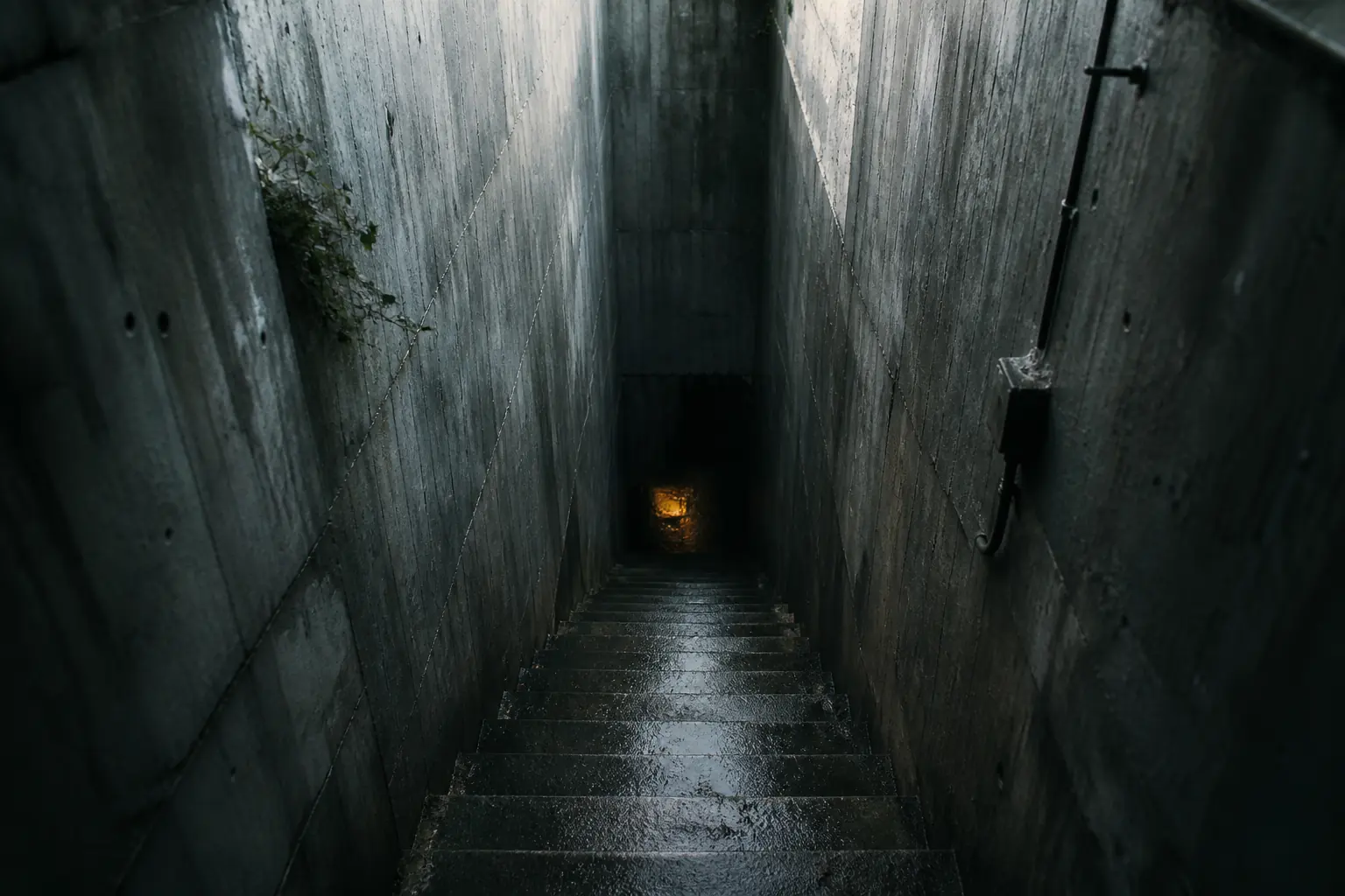 Original artwork of a steep concrete stairway descending between walls, lit from above with cold daylight.