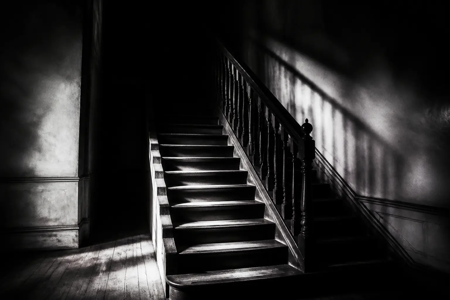 Original artwork of a high-contrast monochrome stairwell, with hard light falling across the treads and deep shadow above.