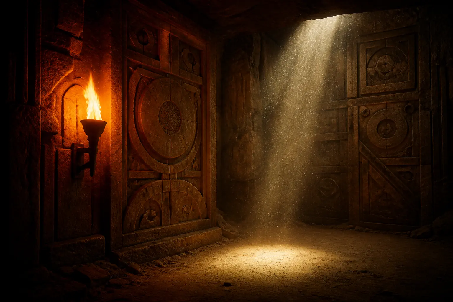 Original artwork of a torchlit stone chamber with carved wall reliefs and dust hanging in a shaft of light.