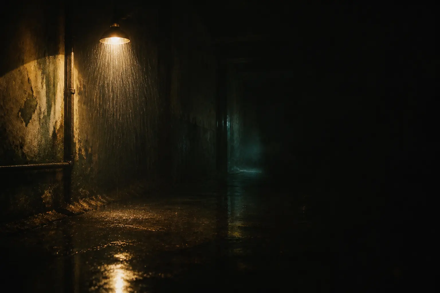 Original artwork of rain falling through a single overhead lamp in a dark corridor, with damp concrete texture.