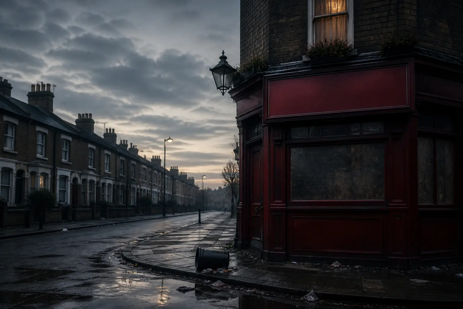 Original artwork of an empty London street corner at dawn with a red pub sign and long shadows on wet pavement.
