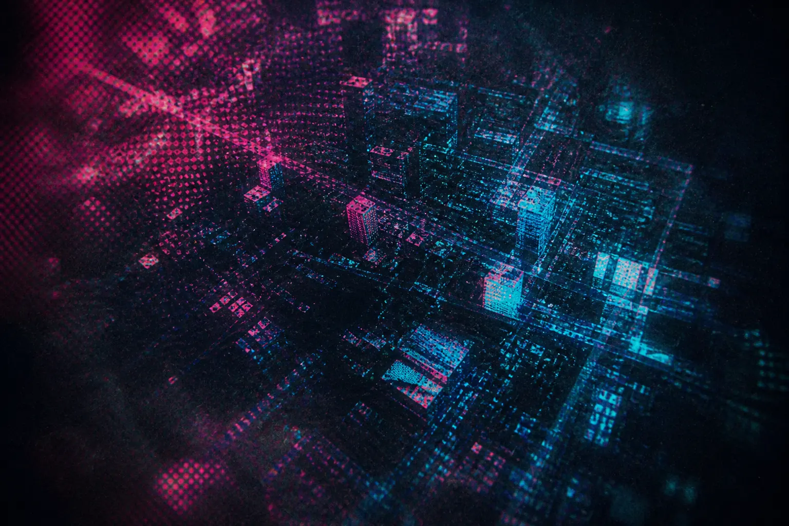 Original artwork of overlapping magenta and cyan halftone dot patterns misaligned over a dark city grid.