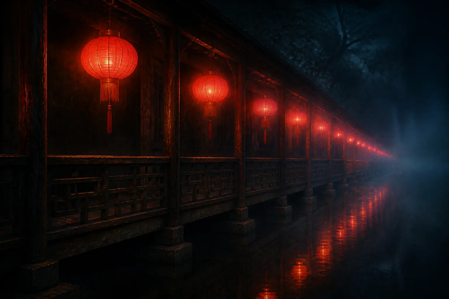 Original artwork of red paper lanterns receding along a dark wooden walkway above still black water.
