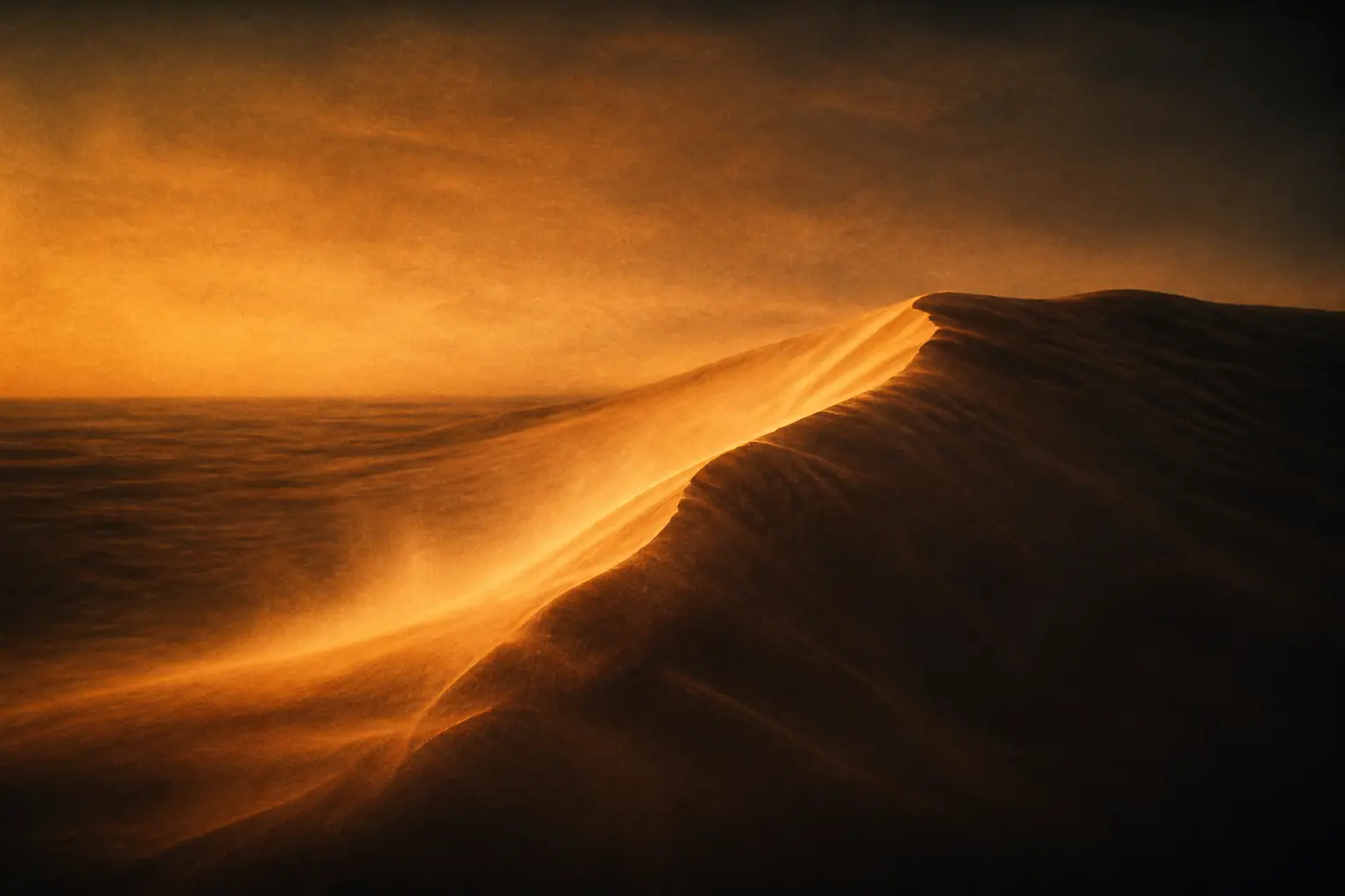 Original artwork of a wind-carved desert ridge at sunset in deep gold and ochre, with drifting sand haze and a low horizon.