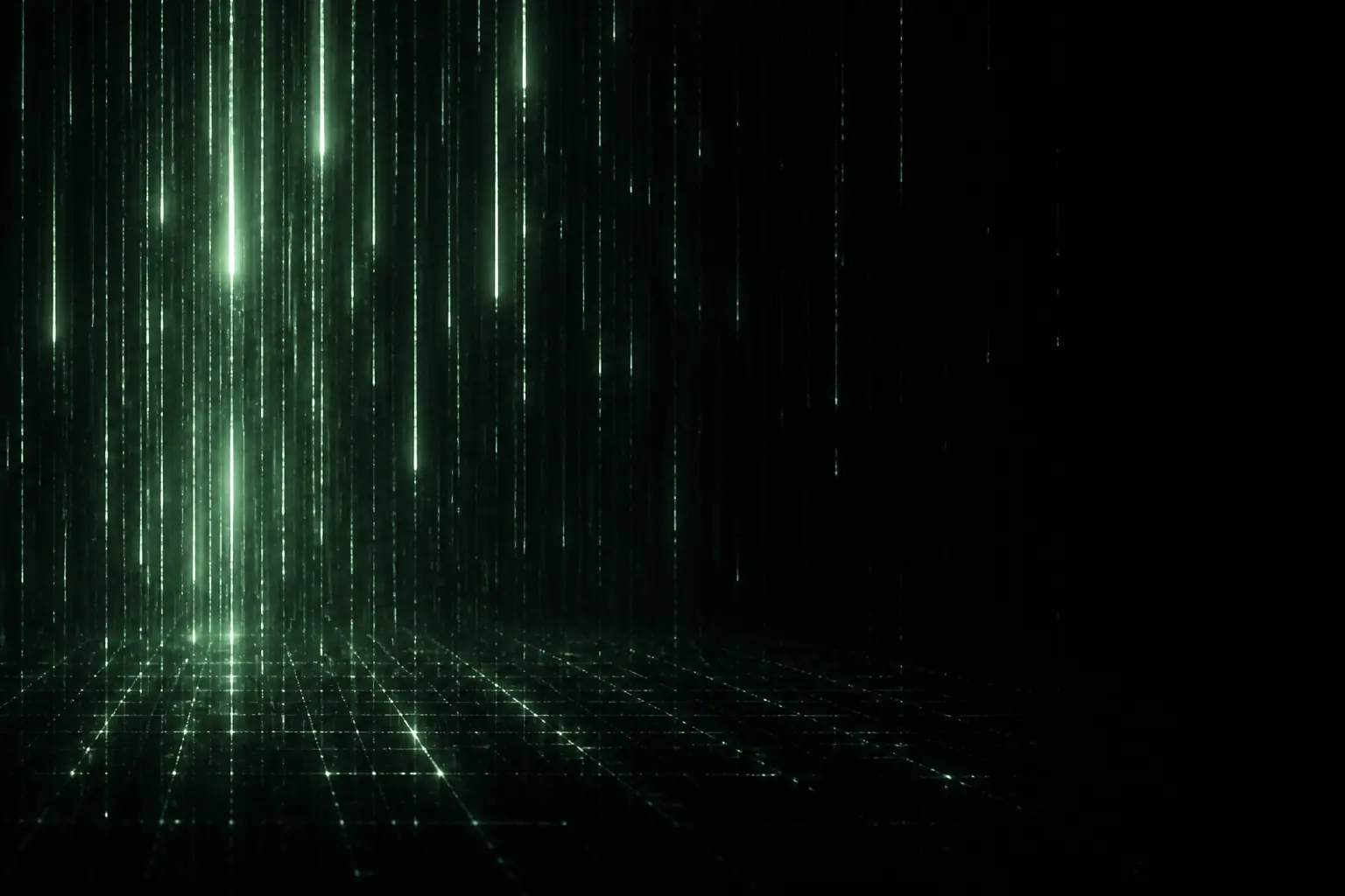 Original artwork of vertical streams of pale green light falling through darkness over a faint grid horizon.