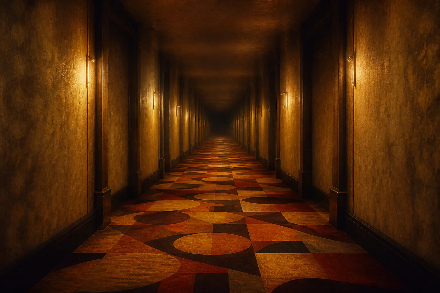 Original artwork of a long, symmetrical hotel corridor lit in cold gold, with a geometric patterned carpet receding into darkness.