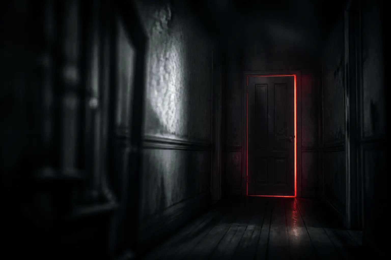 Original artwork of a narrow hallway in cool gray with a single door edged in deep red light.