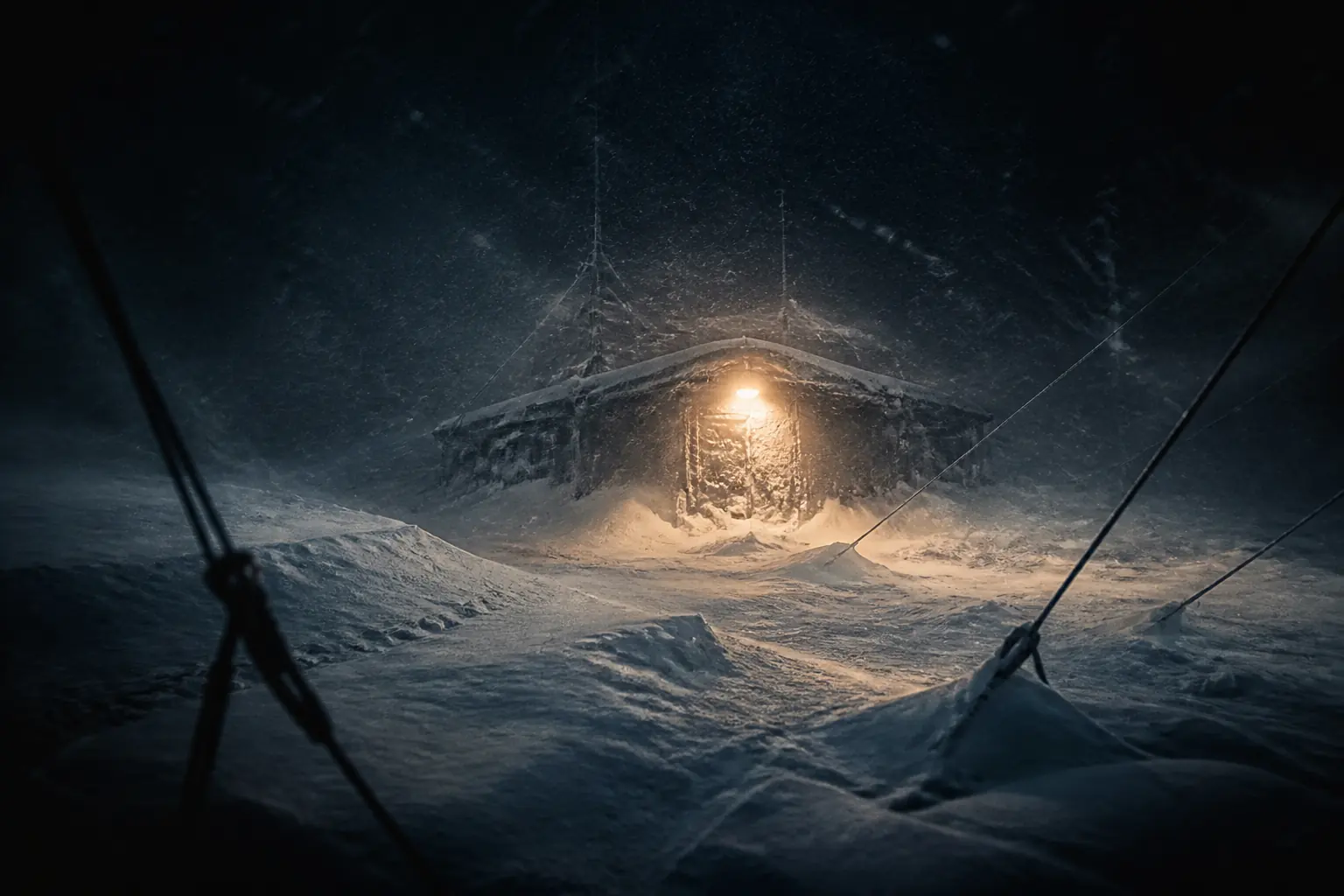 Original artwork of a snow-blasted research station at night, lit by a single lamp and framed by dark cables.