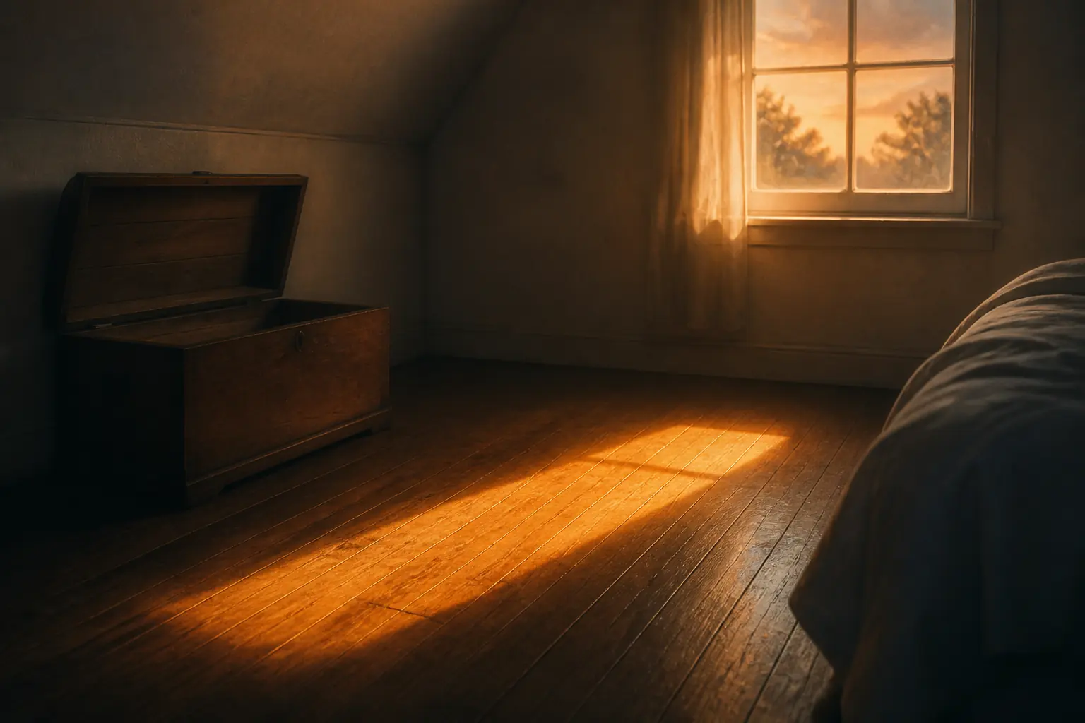 Original artwork of a child’s bedroom at dusk, with warm window light falling across bare floorboards and an open toy chest.